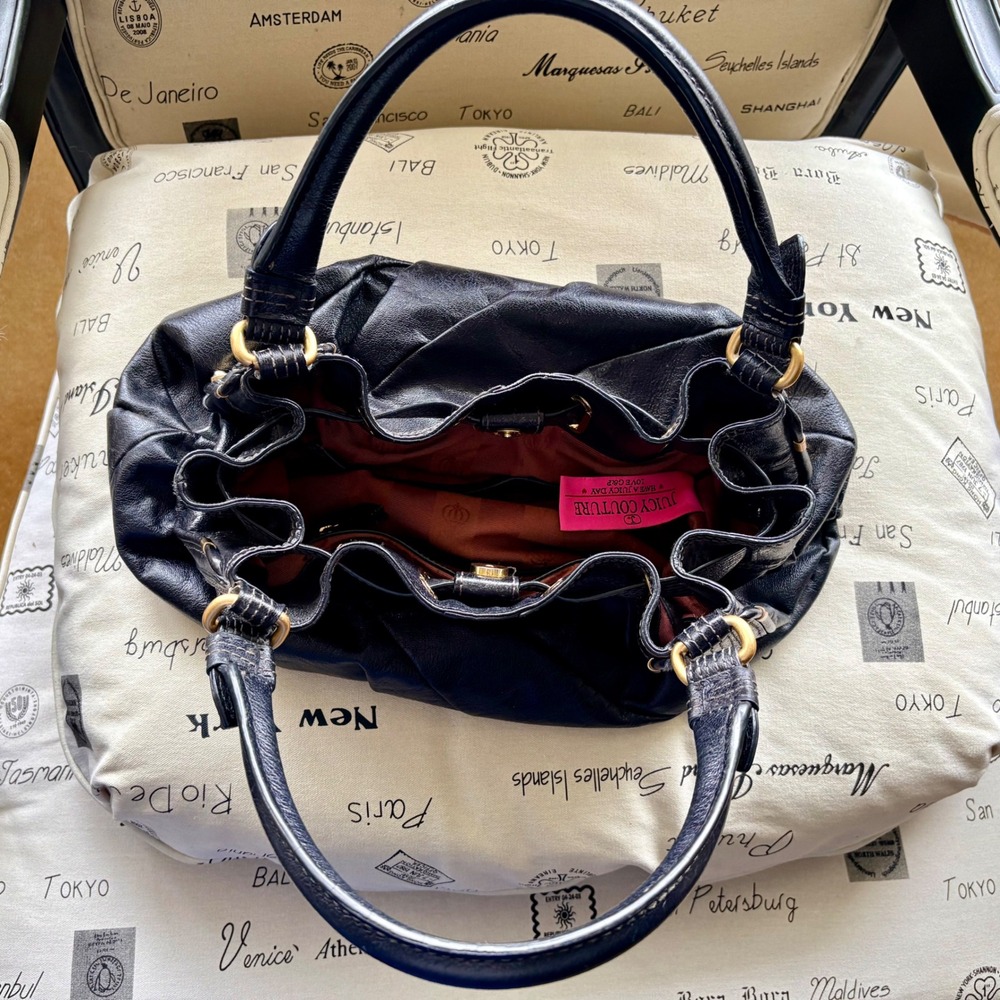 Y2K Juicy Couture Black Genuine Leather Pleated Hobo Shoulder Bag Gold Hardware - Picture 5 of 13